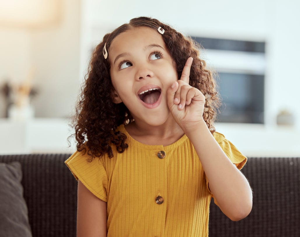 Thinking, Happy Girl and Home with Ideas and Inspiration on a Living Room Sofa. Surprise, Decision and Child with Learning and Consideration on a Lounge Couch in House with Student Knowledge and Plan